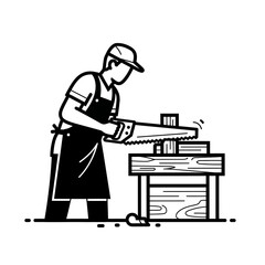 Carpenter sawing wood with hand saw in workshop.