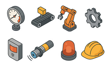 Industrial Sensor Icons. Industrial Sensors isometric set. pressure gauge, conveyor belt sensor, robotic arm, factory gear, infrared detector, proximity sensor, warning light, hard
