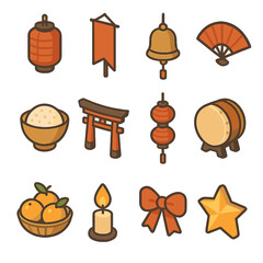 Cultural Shrine Icons. Cultural shrine isometric set. lantern, banner, bell, fan, rice bowl, temple gate, lantern string, drum, fruit basket, candle flame, ribbon, star.