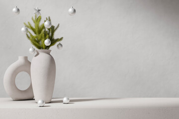 Winter holiday home decor for Christmas and new year background. Minimal interior design with pine tree and empty table podium. Product placement display mockup.