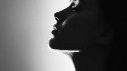 Profile of a woman in black and white highlighted by soft lighting showcasing elegant features and a serene expression