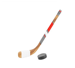 3d hockey stick with puck render icon. Sport equipment for team game on ice rink. Wooden hockey stick with red gray striped pattern and white tape on hook isolated on blue background