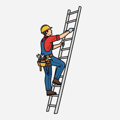Construction worker climbing a ladder with tools. © islak