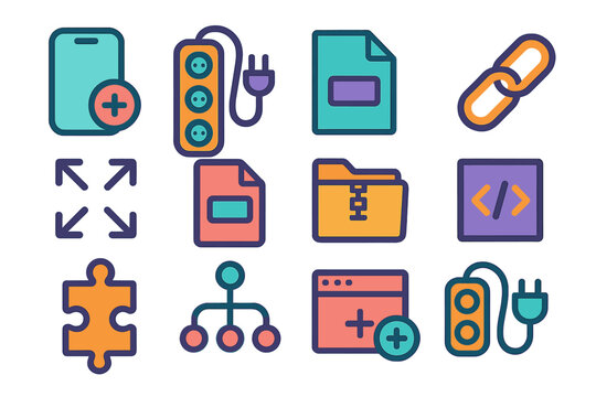 Icons of Extensions. Extension Basics flat icon set. phone with plus sign, plug extension cord, file extension icon, chain link, expandable arrows, document with .txt label, folder