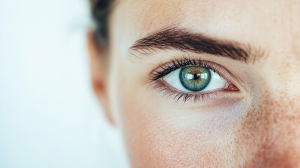 Close-up of a young woman's eye showcasing striking blue and green colors with defined eyelashes and freckles
