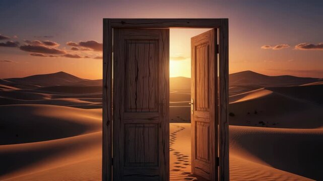 rustic wooden door and frame stand open in vast desert at sunset Golden light illuminates endless sand dunes revealing ripples and faint footprints leading through the threshold into the distance