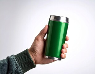 Realistic mockup of green travel mug with metallic rim, hand holding cup, blank display, isolated on white.