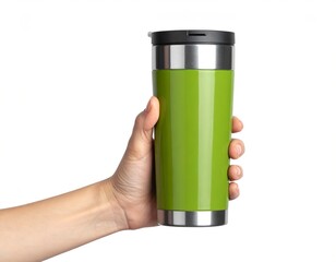 Realistic green tumbler mockup with stainless rim in hand, blank space for logo or artwork, isolated white background.