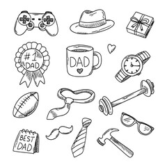 Set of vector elements for celebrating Father's Day. Hand drawn men's accessories on white background