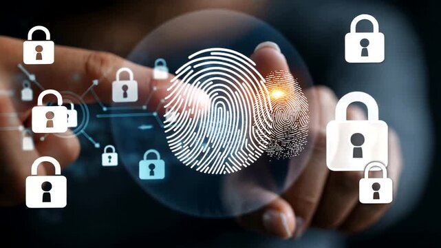 Digital fingerprint scan with security icons for cybersecurity and identity protection