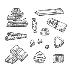 Sketch of sweets and chocolate, set of desserts, cupcakes, bars. Vector illustration.
