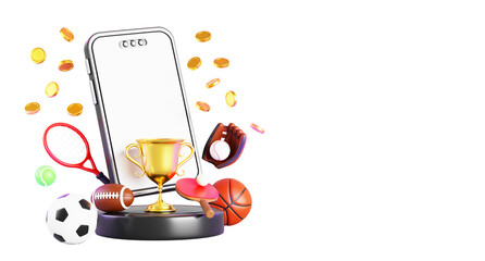 3d sport betting online banner. Gambling, win in bookmaker game concept. Podium with mobile phone, cup, gold coins, soccer, basketball, baseball balls, tennis rackets on dark blue bg