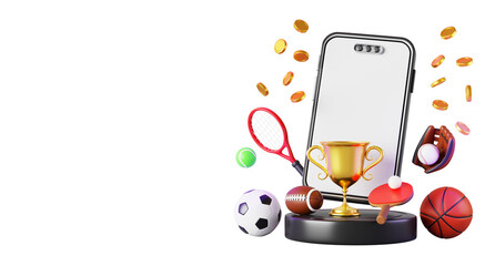 Online sport bet 3d banner. Winner platform with smartphone, champion cup, gold coins, game balls. Internet betting in bookmaker. Gambling website welcome template with prize or bonus