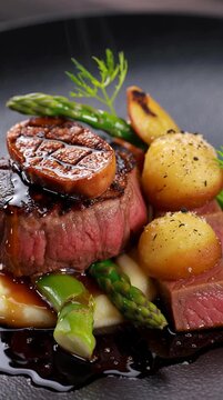 Beef fillet Rossini, slice of fried foie gras, asparagus, potato gnocchi, mashed potatoes, black plate, fillet with meat juice, animated video for social media stories,