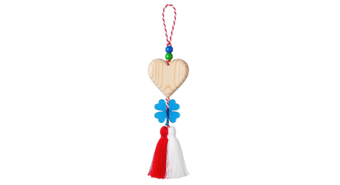Isolated Romanian Martisor decoration, handmade talisman with a heart and good luck charms