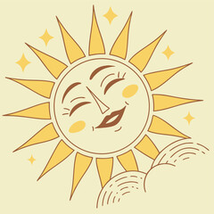 Vector art of a retrostyle cartoon sun with a smiling face and rays, peeking from behind clouds