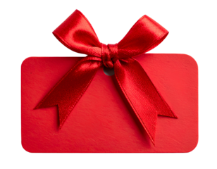 Red gift tag with ribbon and bow isolated on a transparent background.