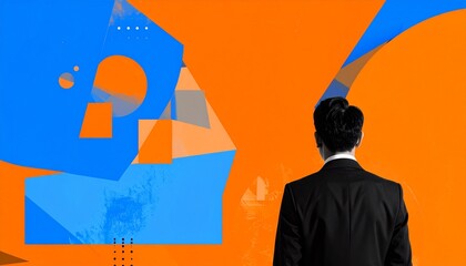 Man in suit standing against bright abstract background. Concept of creativity, individuality, and leadership in modern world