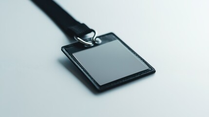 Blank identification badge laying on a surface with a black strap ready to be personalized for an event or work
