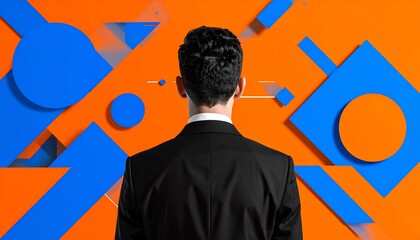 Man in suit standing against bright abstract background. Concept of creativity, individuality, and leadership in modern world