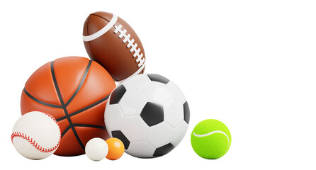 Sport ball pile on blue background. Sports shop sale banner with soccer, basketball, baseball, american football, tennis, ping pong balls. Poster template for game match, competition