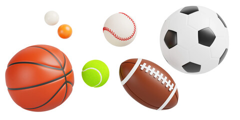 3d sports balls for soccer, basketball, baseball, american football, tennis and ping pong. Render realistic set of sport game equipment for training and competition, isolated icons