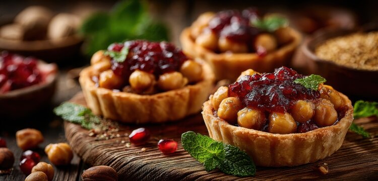 Close-up of freshly baked fruit tarts filled with berries and garnished with mint