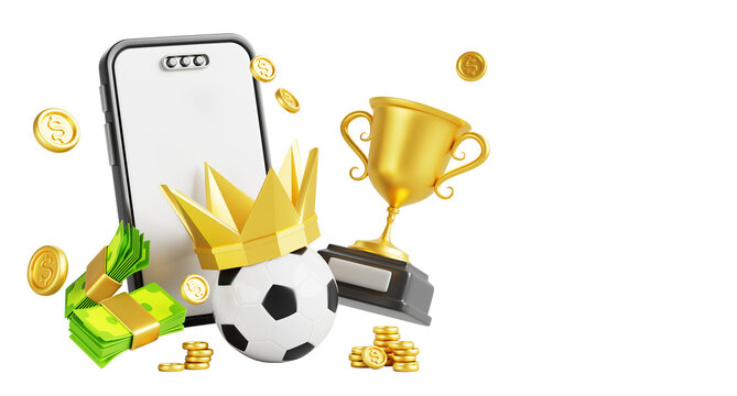 Online sport betting in mobile app background. Render empty smartphone, soccer ball with gold crown, championship cup with flying coins and paper money. Internet bet, win in bookmaker