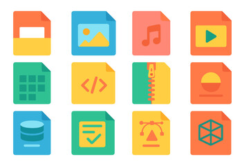 Colorful File Icons. Extension Files flat icon set. document with .pdf, image with .jpg, music file .mp3, video file .mp4, spreadsheet .xls, code file .js, compressed .zip