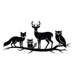 Black silhouette of forest animals standing on a branch