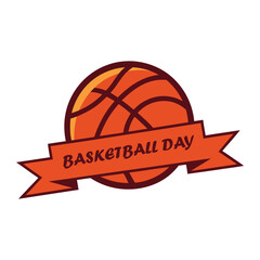 Basketball day celebration emblem with classic ball and ribbon banner