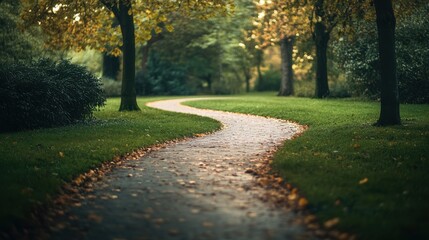 Fototapeta premium Winding path through a peaceful park with vibrant autumn foliage during golden hour