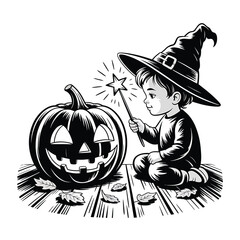 Young witch with magic wand and jack o lantern
