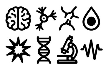 Neuroplasticity Icons Set. Biological Neuroplasticity silhouette set. brain outline, neuron cell, dendrite connection, neurotransmitter droplet, nerve spark, DNA strand, microscope