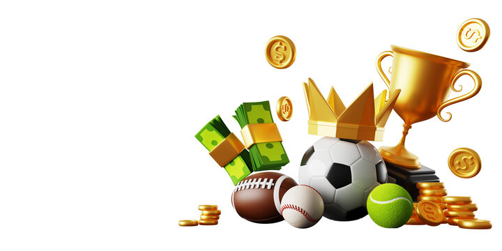 Sports betting banner. Winner prize with championship cup, gold coin and dollar money, ball with crown on dark background. Bet on American football, baseball or tennis, bookmaker win