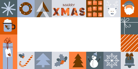 Naklejka premium Geometric Xmas Frame with festive icons including snowflakes, trees, gifts, candy canes, hot chocolate, Santa, and reindeer for banners, prints, greeting cards, and packaging. Vector illustration