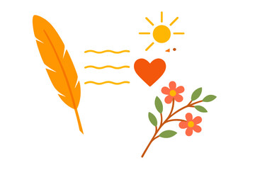 Gratitude Symbolism. Gratitude card flat icon set. message scroll, delicate quill, peaceful dove, simple heart, radiant light, blossoming branch