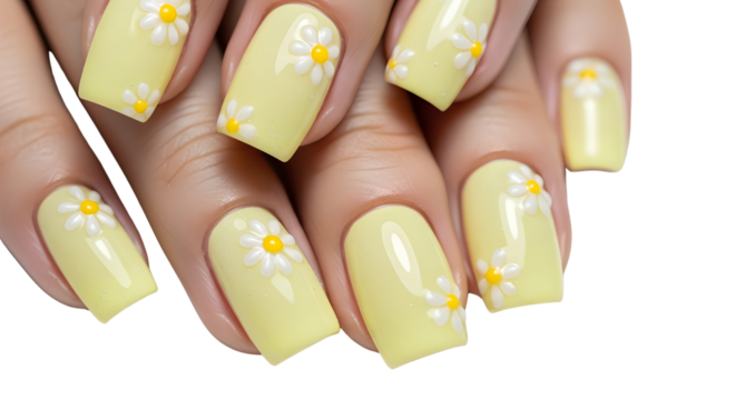 Close-up of female hand showing light yellow daisy flower nail art manicure isolated