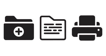 Obraz premium Folder and printer silhouette icon set, digital file management and office equipment vector design