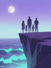 Family silhouettes standing on cliff by ocean under full moon - Concept of International Father's Day  