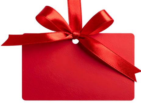 Red gift tag with ribbon and bow isolated on a transparent background.