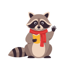 Cartoon raccoon waving while holding a book and wearing a scarf  