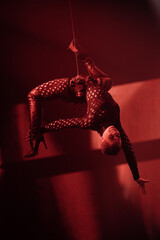 Aerial harness performer in thigh-high boots hangs upside down in a deep backbend, reaching into...