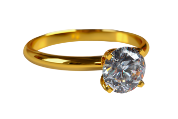 Elegant gold engagement ring with a large oval cut diamond isolated on transparent background