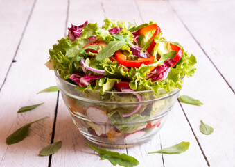 Salad of lettuce and fresh vegetables ready to eat, healthy food