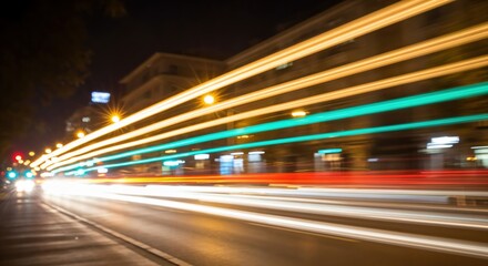 Naklejka premium Nighttime Urban Scene Captured with Motion Blur: A Vivid Display of Lights and Traffic on a Busy City Street