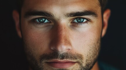 Obraz premium Man with striking blue eyes gazes intently at the camera in a close-up portrait during an indoor lighting session