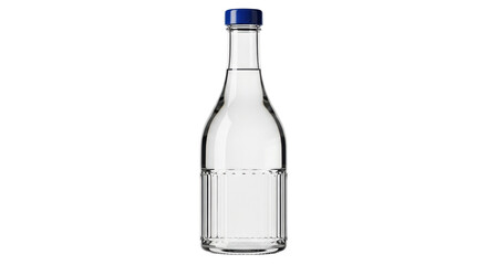 Isolated clear glass bottle with water or liquor and blue cap, elegant drinkware, product shot