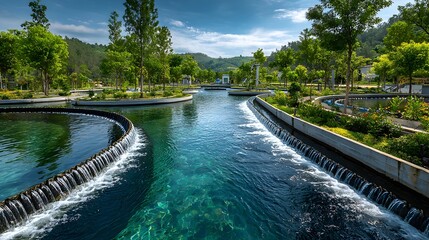 Wide shot of a modern water treatment facility with large circular tanks. The scene showcases environmental technology surrounded by green trees.