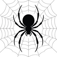 Silhouette of a spider centered on a detailed spiderweb